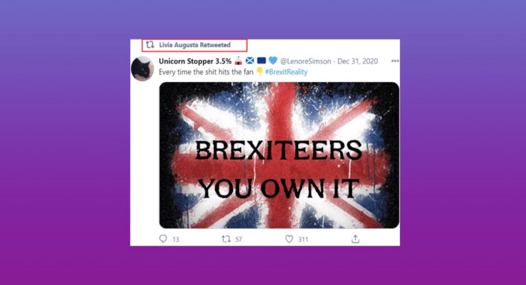 Retweeted tweet criticizing Brexit, featuring a stylized Union Jack overlaid with the words “BREXITEERS YOU OWN IT”