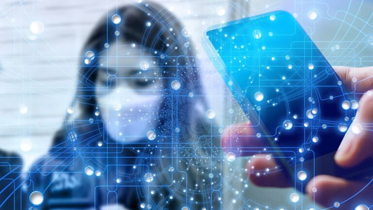 Masked woman behind digital network overlay and hand holding smartphone, illustrating spread of vaccine information online