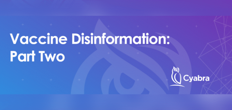 Gradient purple-blue banner reading “Vaccine Disinformation: Part Two” alongside the Cyabra owl logo
