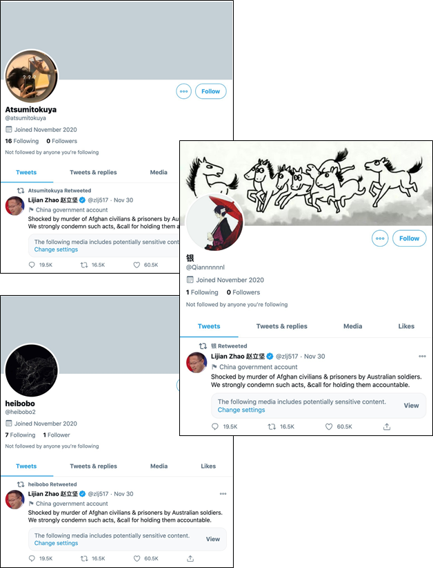Collage showing three newly created Twitter profiles with few or no followers—Atsumitokuya, 銀, and heibobo—each retweeting Lijian Zhao’s November 30 tweet condemning Australian soldiers, illustrating coordinated disinformation activity