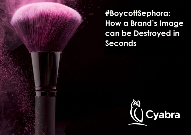 Pink powder erupting from a makeup brush on a dark background, with the headline '#BoycottSephora: How a Brand’s Image can be Destroyed in Seconds' and the Cyabra logo