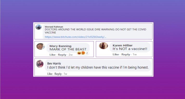 Facebook comments urging people not to get the Covid vaccine, calling it ‘MARK OF THE BEAST’ and ‘NOT a vaccine’, with a parent saying they won’t let their children receive it, illustrating online vaccine disinformation