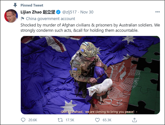 Tweet by Chinese government spokesperson Zhao Lijian condemning Australian soldiers for killing Afghan civilians, including a digital artwork of a camouflaged soldier kneeling on an Australian flag while gripping a lamb and brandishing a knife, with the caption “Don’t be afraid, we are coming to bring you peace!” and visible retweet and like counts