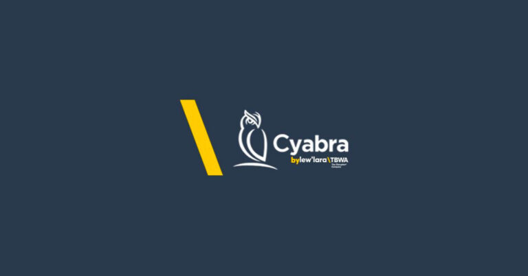 Cyabra and Lew’Lara TBWA partnership logo with white owl outline and yellow diagonal slash on dark blue background