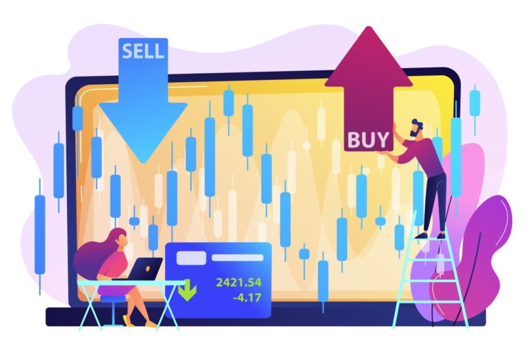 Illustration of traders reacting to candlestick chart on laptop screen with large buy and sell arrows, symbolizing social media influence on stock market movements
