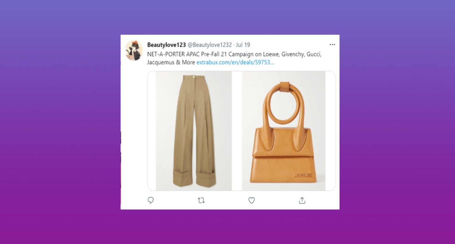 Tweet by Beautylove123 promoting NET-A-PORTER Pre-Fall 21 campaign with images of khaki wide-leg trousers and a small tan Jacquemus handbag
