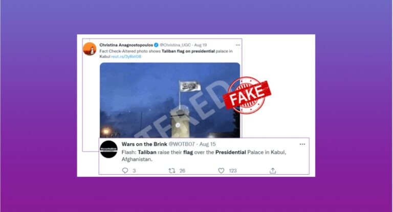 Composite tweets alleging Taliban flag over Kabul presidential palace, overlaid with grey 'ALTERED' text and red 'FAKE' stamp