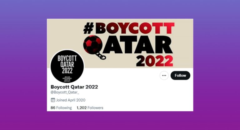 Twitter profile for Boycott Qatar 2022 displaying a banner that reads #BOYCOTT QATAR 2022 with a chained soccer ball