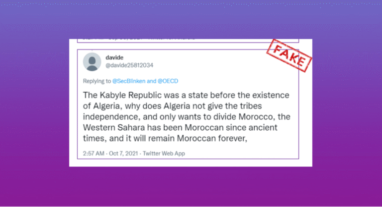 Tweet from account named davide asserting Western Sahara has always been Moroccan and criticizing Algeria, overlaid with a red 'FAKE' stamp indicating misinformation