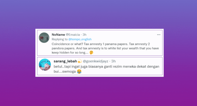 Two Twitter replies discussing tax amnesty, Panama Papers, and Pandora Papers on a purple gradient background
