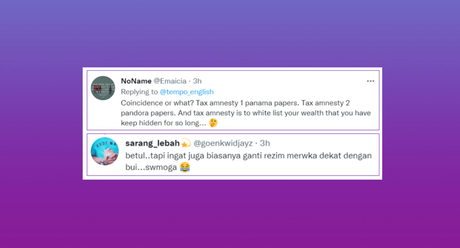 Two Twitter replies discussing tax amnesty, Panama Papers, and Pandora Papers on a purple gradient background