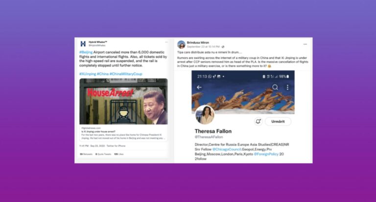 Side-by-side screenshots of a tweet and a Facebook post spreading rumors about a military coup in China, shown on a purple gradient background