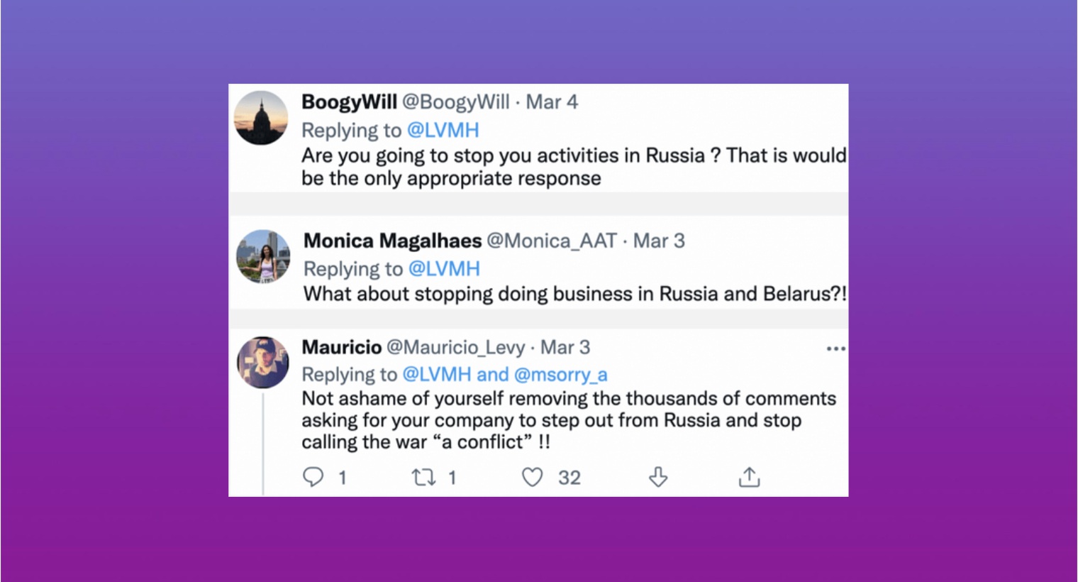 Collage of March 3–4 Twitter replies urging LVMH to suspend operations in Russia and criticizing the brand for downplaying the invasion