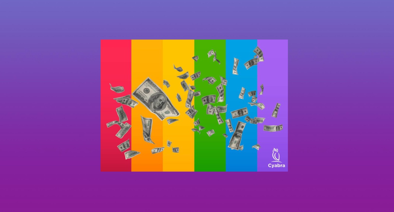 US dollar bills scattering across rainbow flag stripes, symbolizing brands profiting from Pride Month