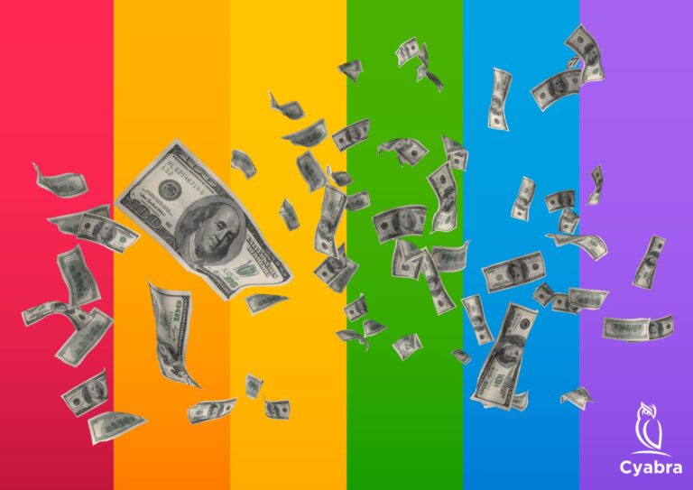 Hundred-dollar bills flying across vertical rainbow stripes, representing corporate profit motives behind Pride-themed marketing