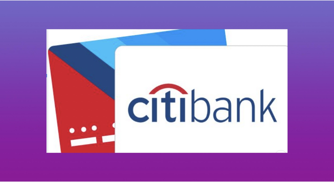 Citibank logo on a white card overlapping a red and blue stylized credit card against a purple gradient background