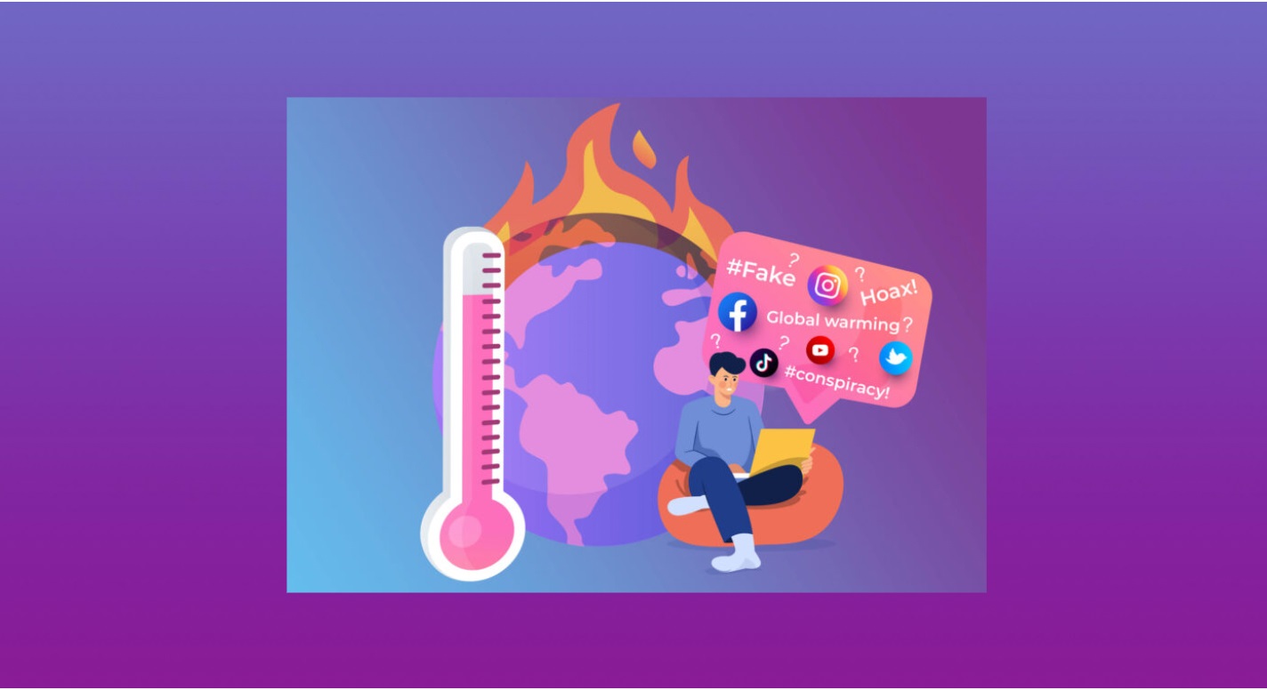 Illustration of a man using a laptop while social media icons and phrases like “#Fake” and “Hoax!” float above, next to a flaming Earth and rising thermometer representing climate change skepticism online