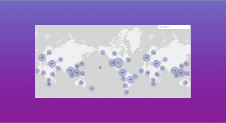 World map showing purple circle clusters with numbers indicating distribution of social media accounts related to CNN across global regions