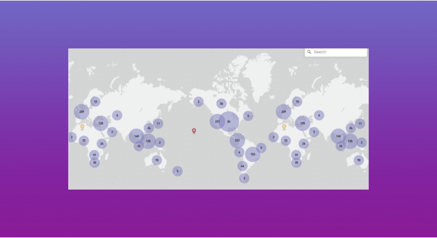 World map showing purple circle clusters with numbers indicating distribution of social media accounts related to CNN across global regions