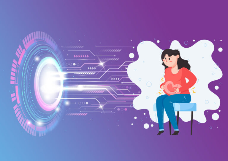 Illustration of data streams emerging from a glowing digital interface toward a worried woman holding her abdomen, representing tech-driven disinformation surrounding abortion rights
