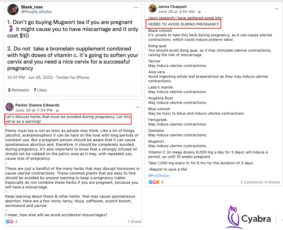 Composite of social media posts advising pregnant people to avoid or use herbs such as mugwort, black cohosh, dong quai and high-dose vitamin C to induce miscarriage, exemplifying abortion-related disinformation circulating after Roe v. Wade