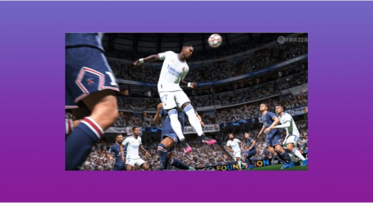 Real Madrid player leaps to head the ball against PSG defenders in a crowded stadium during an in-game moment from FIFA 22