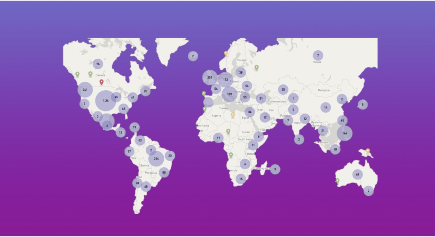 World map displaying density of social media conversations about Netflix, purple circles indicating volume across different countries on a purple gradient background