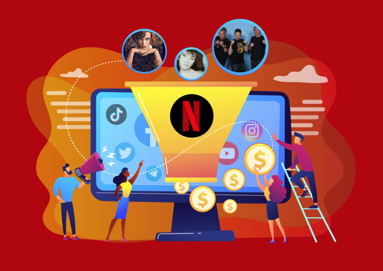 Illustration of social media content flowing into a funnel with the Netflix logo, turning into revenue; portraits above the funnel depict a female singer, a chess prodigy character, and three martial artists, while cartoon marketers collect coins and promote online