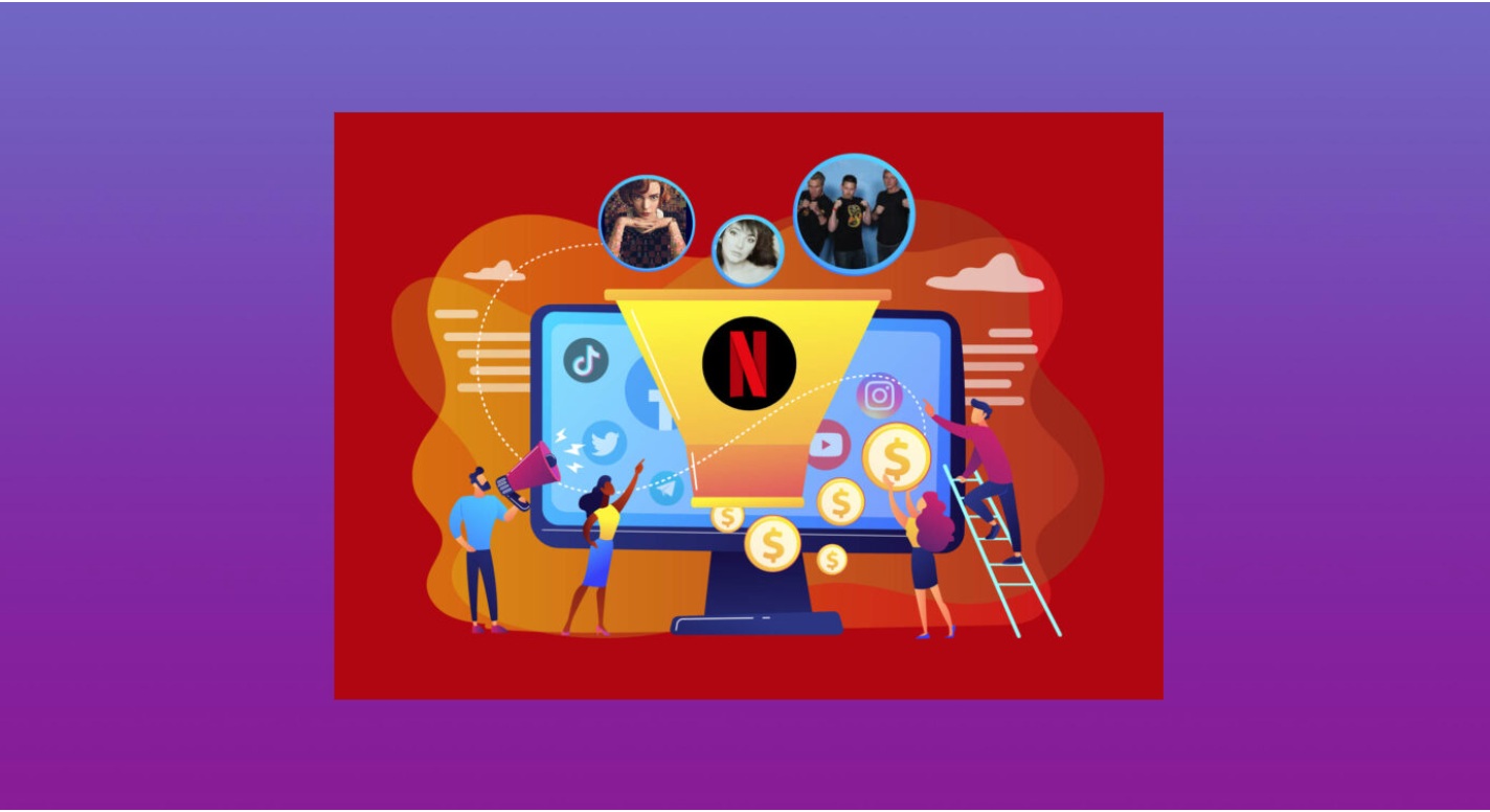 Illustration of influencers and marketers guiding social-media buzz through a Netflix-branded funnel on a monitor, converting it into coins to depict revenue impact