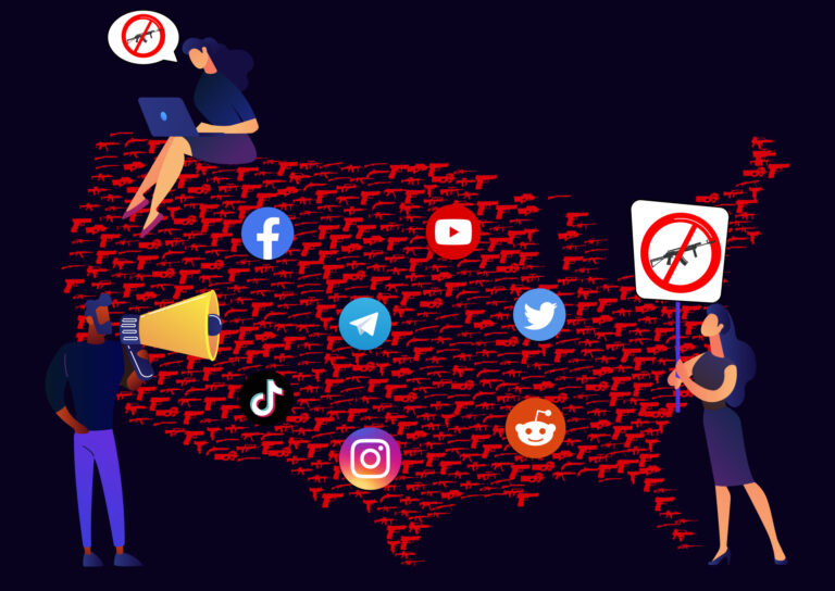 Illustration of activists advocating gun control over a US map covered in red firearm silhouettes, with Facebook, YouTube, Twitter, TikTok, Instagram, Telegram and Reddit icons symbolizing social media debate