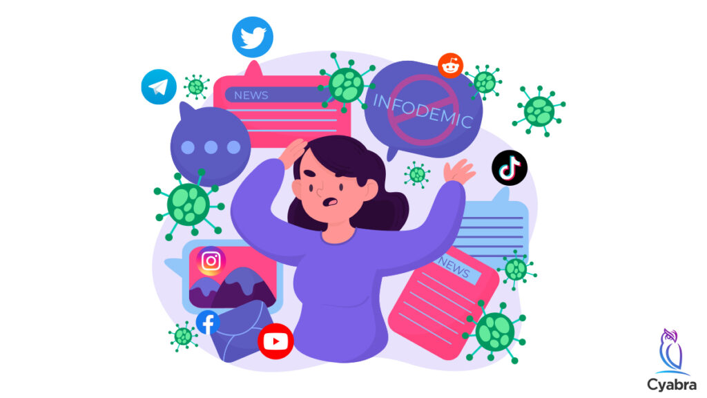 Overwhelmed woman surrounded by virus symbols, news flashes, and social media icons illustrating the spread of COVID-19 disinformation online