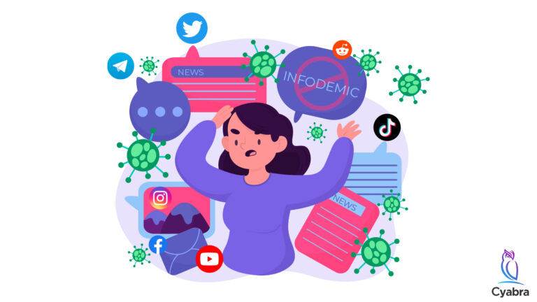 Overwhelmed woman surrounded by virus symbols, news flashes, and social media icons illustrating the spread of COVID-19 disinformation online