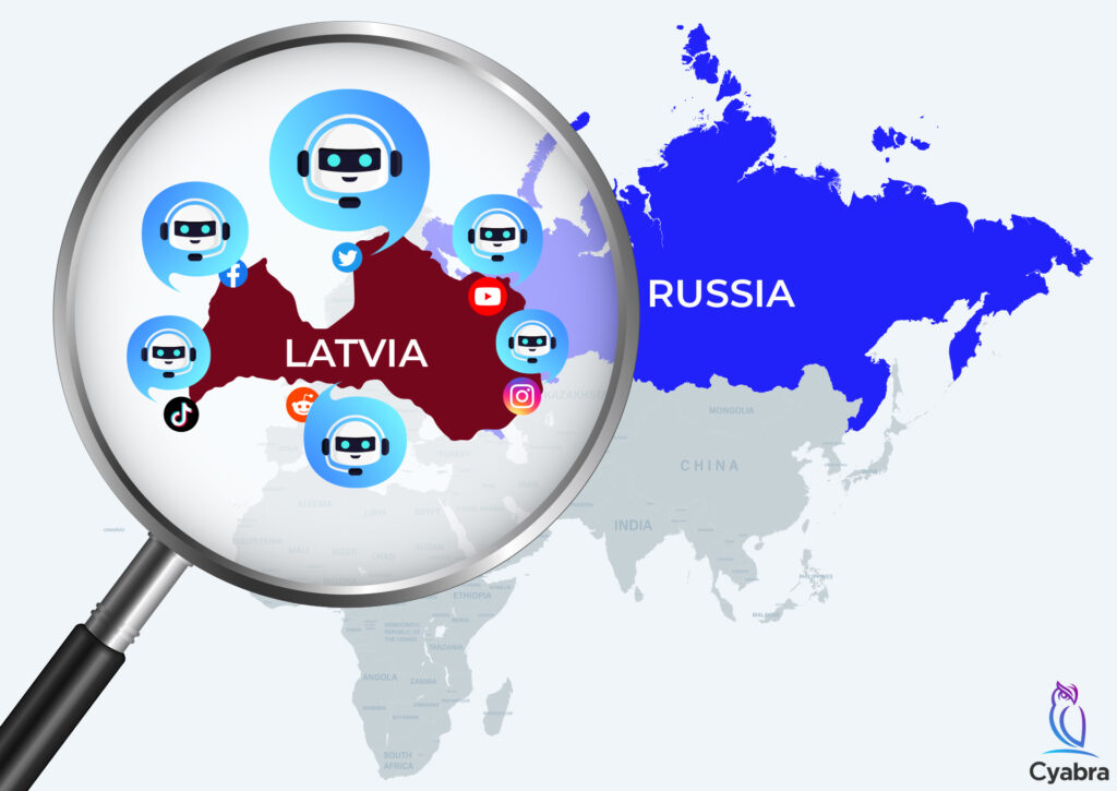 Map with Latvia highlighted under a magnifying glass, surrounded by chatbot icons and social-media logos, with Russia shown in blue in the background