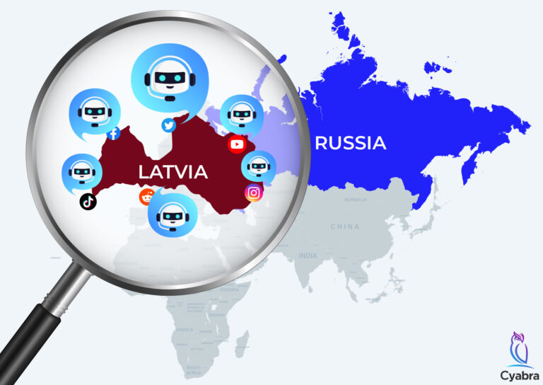 Map with Latvia highlighted under a magnifying glass, surrounded by chatbot icons and social-media logos, with Russia shown in blue in the background