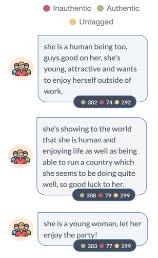 Interface showing three supportive social-media comments about Sanna Marin, each marked with colored authenticity labels and engagement statistics