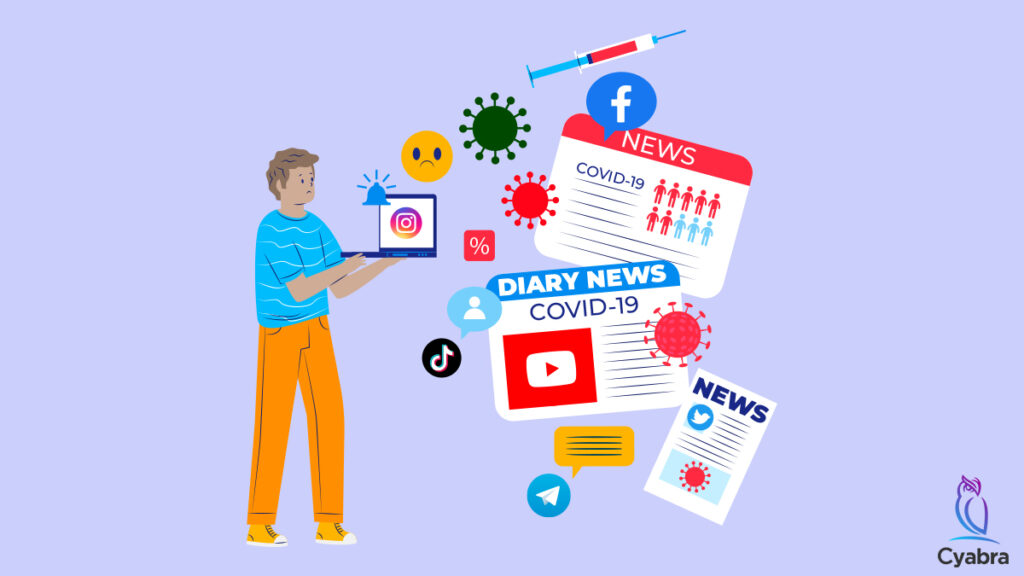 Worried person holding a laptop as social media icons, virus symbols, and sensational COVID-19 news headlines float around, conveying online misinformation