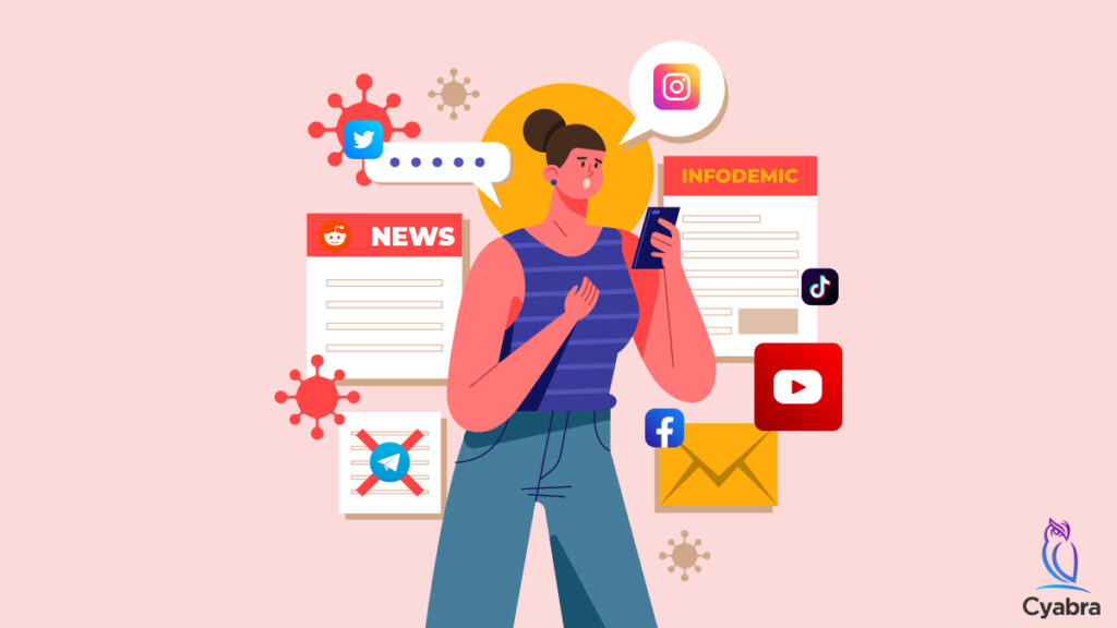 Illustration of a woman looking at her phone amid floating social media icons, news headlines and virus symbols, conveying the spread of online disinformation