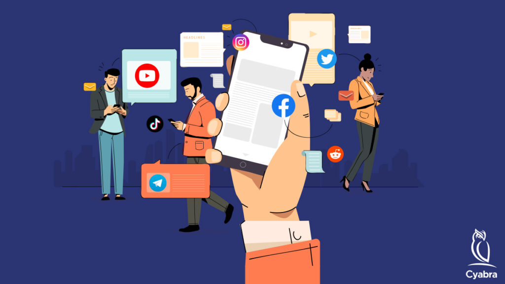 People on smartphones with icons for Facebook, Twitter, Instagram, YouTube, TikTok, Telegram, Reddit and email symbolizing the spread of online disinformation across platforms