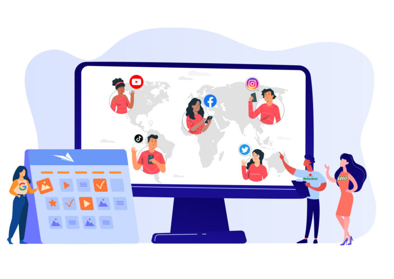 People coordinate global social media presence across time zones with a content calendar, a world map on a monitor showing YouTube, Facebook, Instagram, TikTok and Twitter icons, and brand representatives from Google, Heineken and LEGO