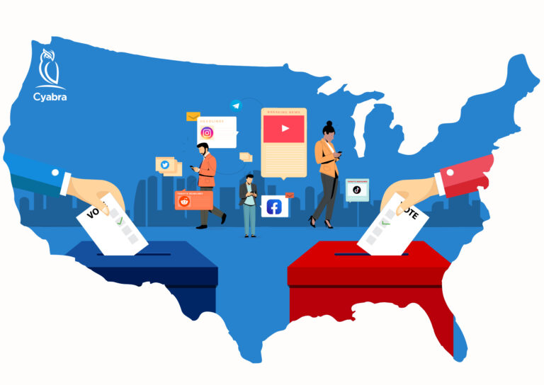 Illustration of United States map with voters placing ballots into blue and red boxes and people surrounded by social media icons, highlighting the role of online platforms in midterm election disinformation