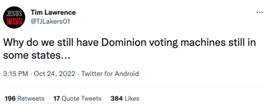 Tweet from a Twitter user asking why Dominion voting machines are still used in some states, posted on October 24, 2022, with visible retweets, quote tweets, and likes counts