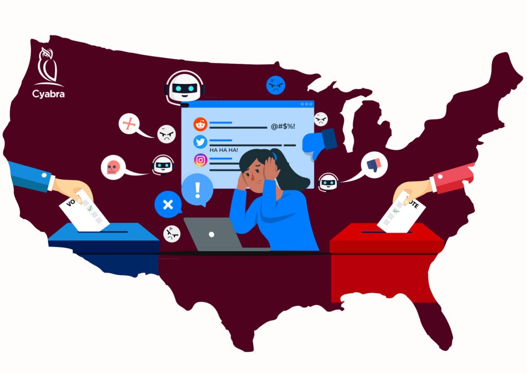 Distressed woman at laptop overwhelmed by hostile social media messages and bot icons, positioned over a US map with blue and red ballot boxes symbolizing partisan midterm election influence