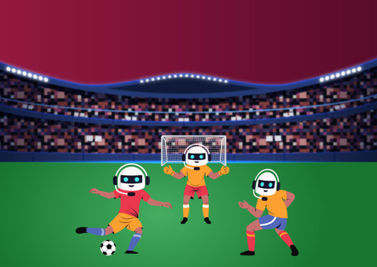 Three cartoon robots in soccer uniforms competing on a stadium field with a goal and packed stands in the background