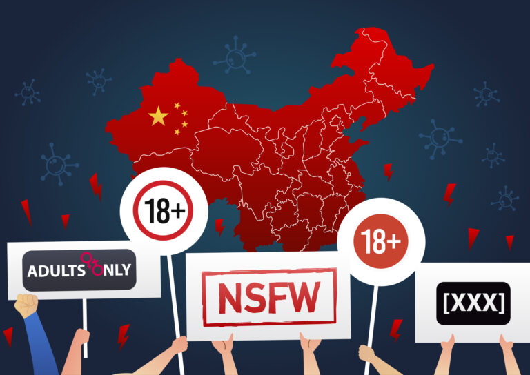 Map of China in red above raised hands holding placards reading 18+, NSFW, Adults Only and XXXX, illustrating pornographic spam drowning out protest discussions