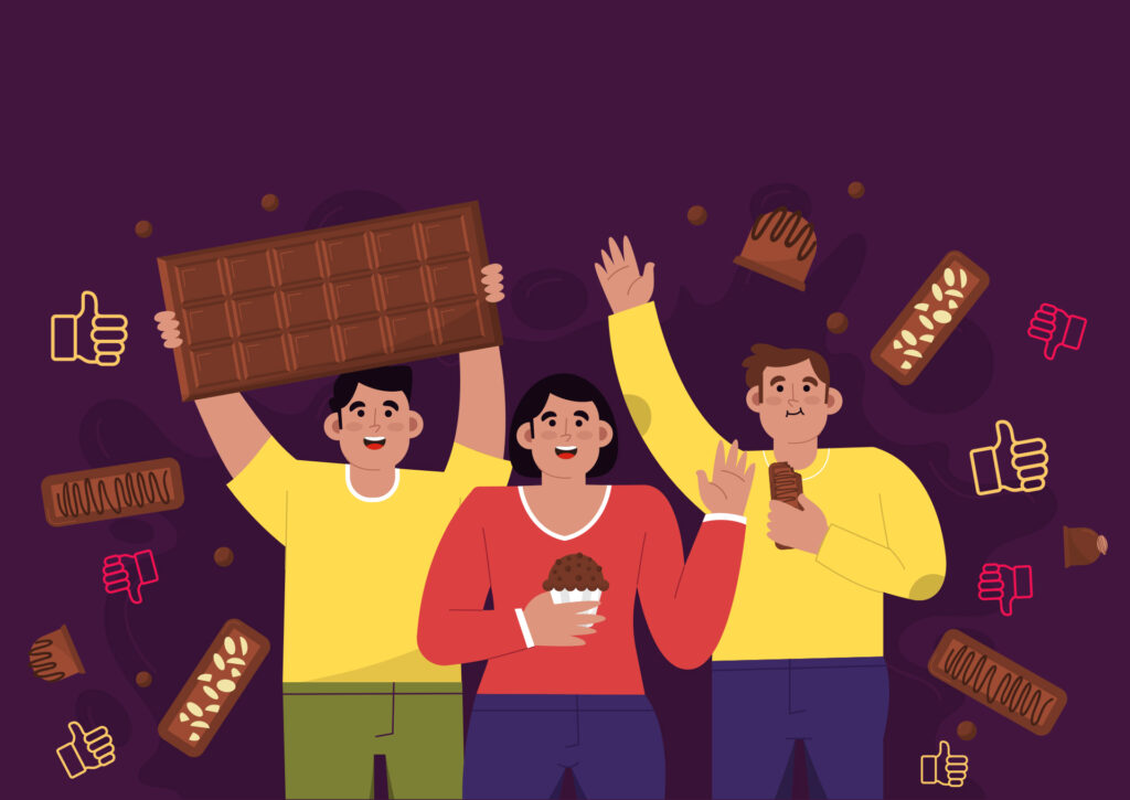 Three smiling people celebrating with large chocolate bars and snacks against a purple background decorated with floating chocolates and thumbs-up/thumbs-down icons