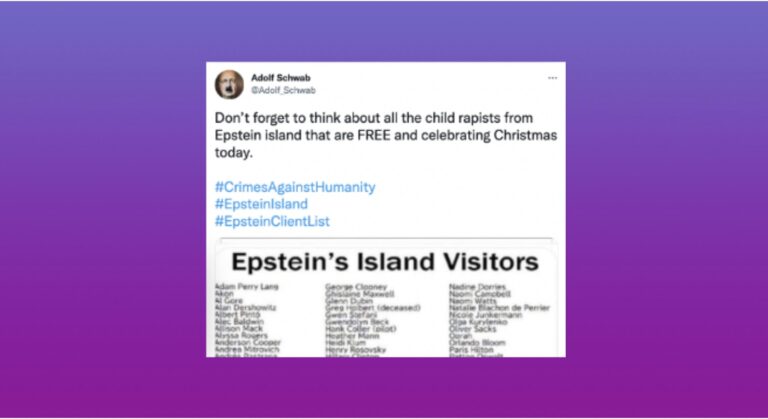 Tweet alleging child predators from Epstein Island remain free, with hashtags about crimes against humanity, Epstein Island, and client list, above a partially visible list titled 'Epstein’s Island Visitors'