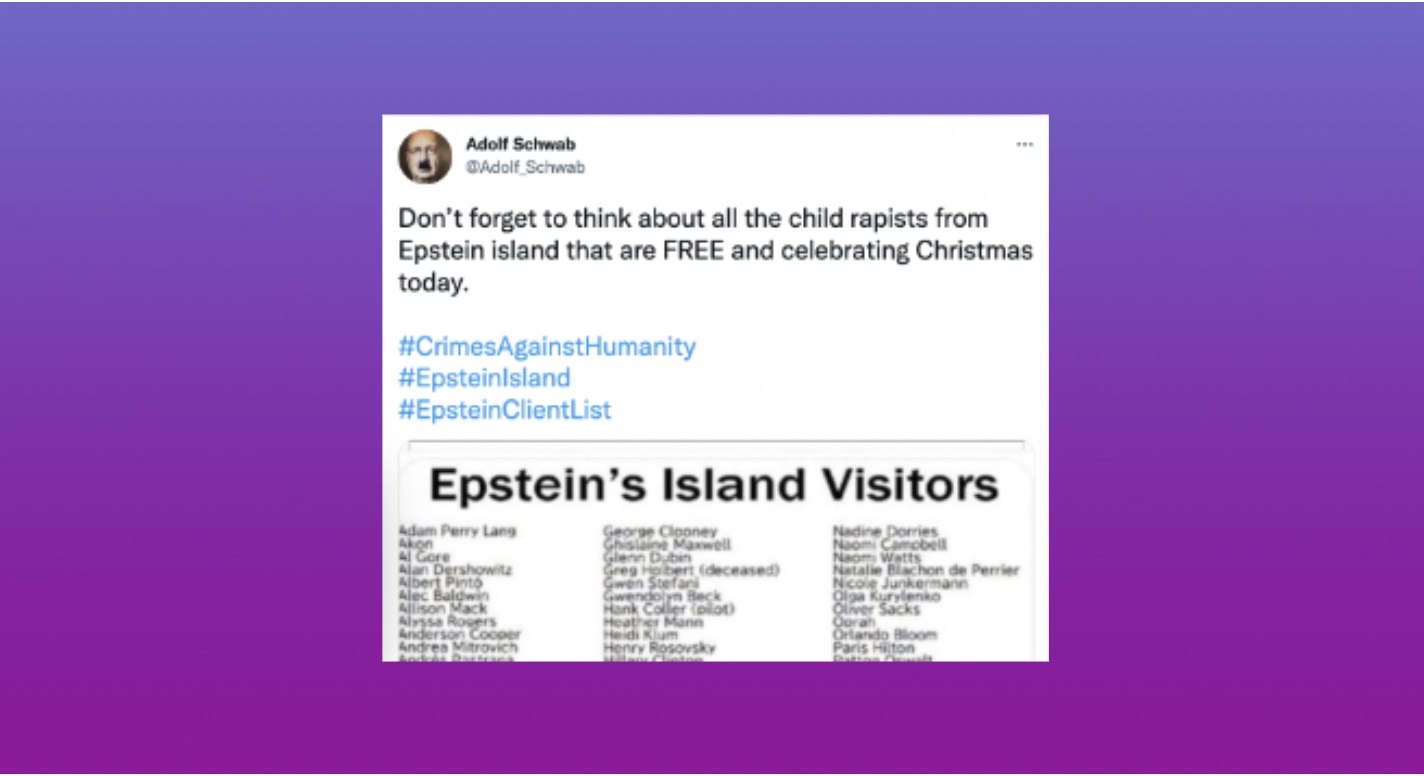 Tweet alleging child predators from Epstein Island remain free, with hashtags about crimes against humanity, Epstein Island, and client list, above a partially visible list titled 'Epstein’s Island Visitors'