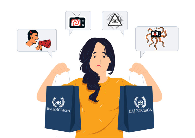 Concerned woman holding two Balenciaga shopping bags while surrounded by speech bubbles showing a devil with a megaphone, a hypnotic TV screen, an Illuminati eye, and a tentacled TV monster to represent conspiracy theories about the brand
