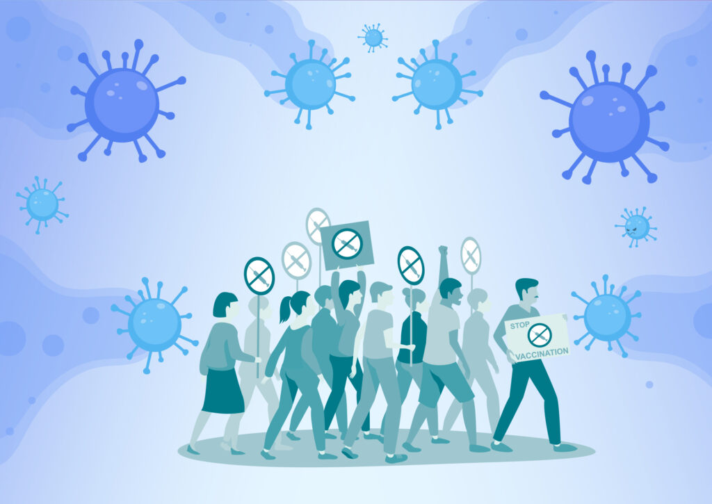 Illustrated crowd of anti-vaccine protesters carrying placards with crossed-out syringe symbols and a sign reading Stop Vaccination, with stylized coronavirus particles floating around