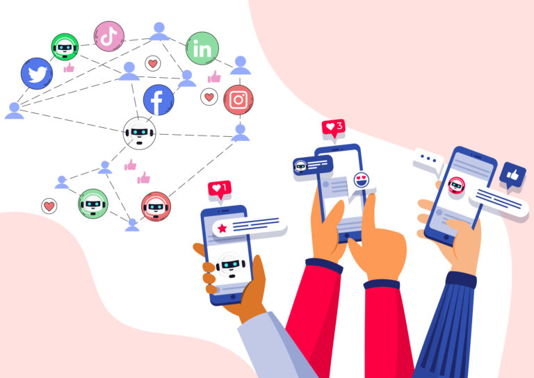 diagram of interconnected social media icons and bot avatars illustrating automated accounts amplifying posts, with three hands holding smartphones receiving likes and messages